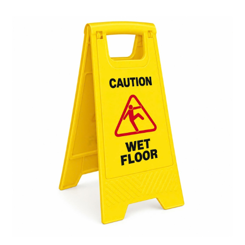 A yellow highly bright wet floor sign with a red image portraying a possible slip supplied bu Bio Dubai