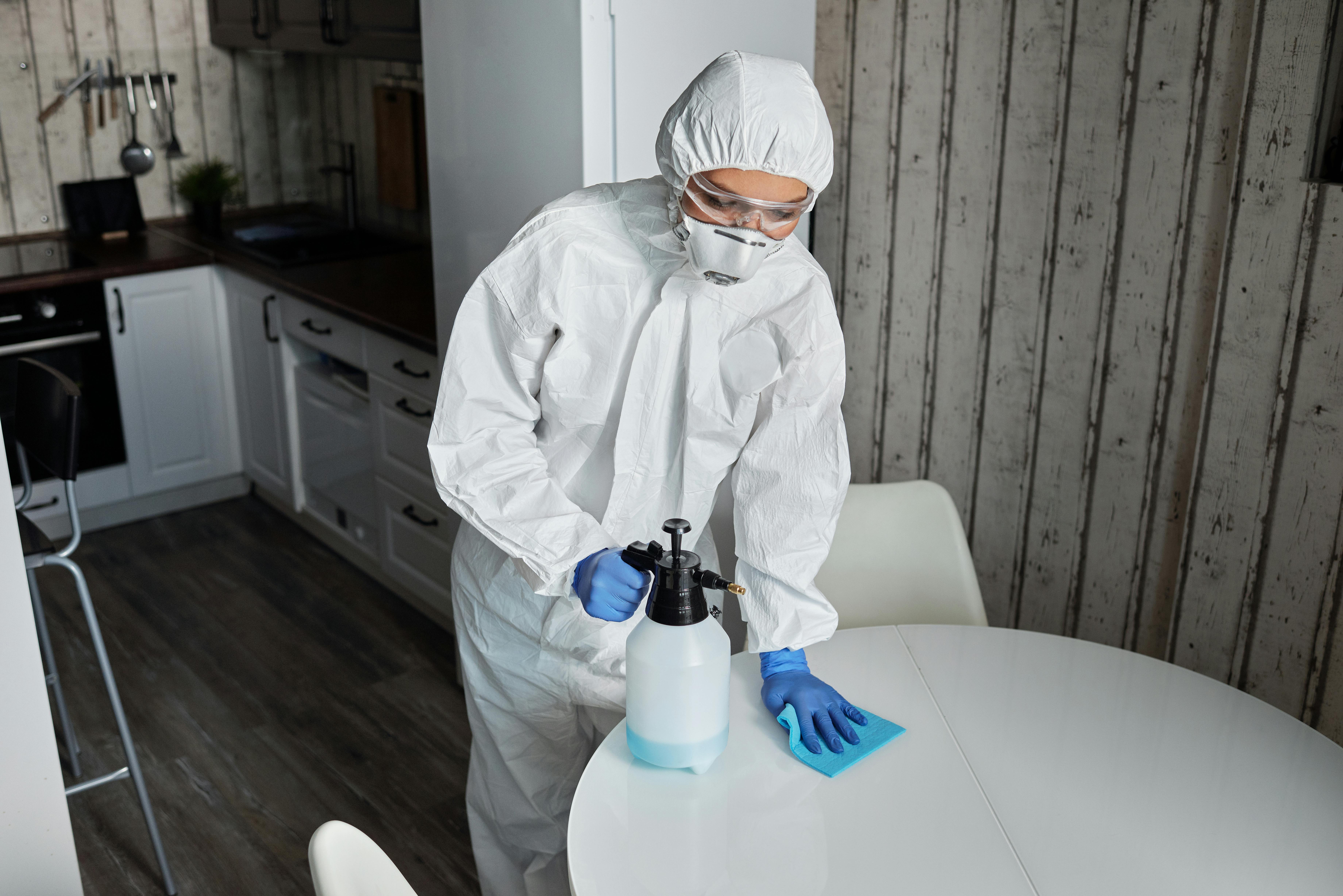 Hygiene officer in proper safety dress applying chemicals