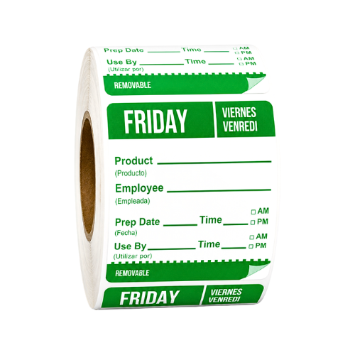 A white and green image of a label roll for each day of the week for kitchens in Dubai and UAE to stay compliant supplied by Bio Dubai