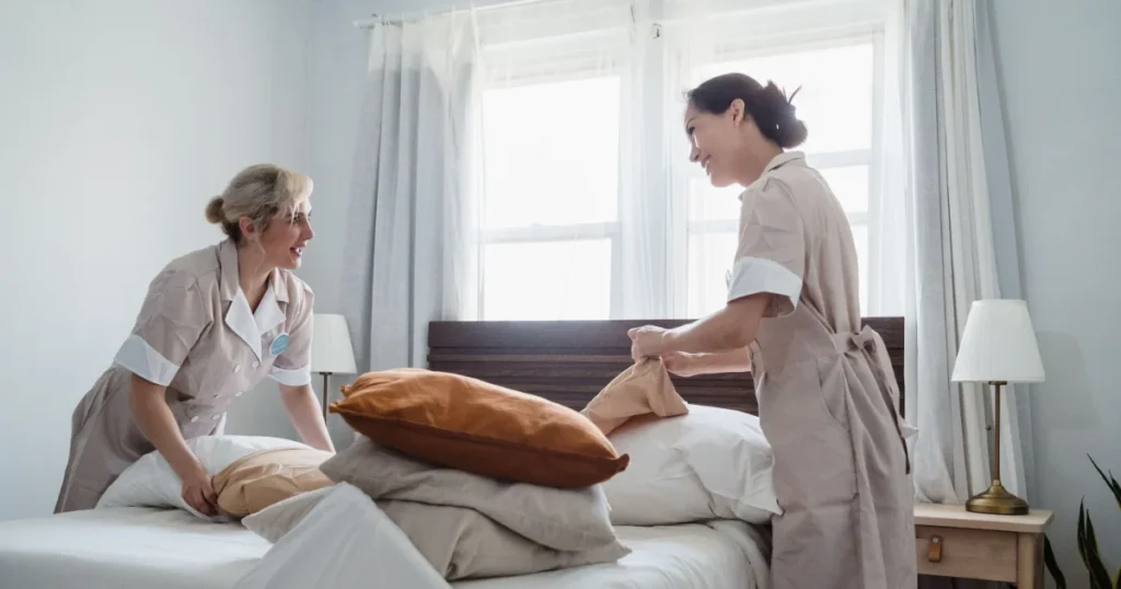 Image of hotel housekeeping maids laying bed whist cheerful