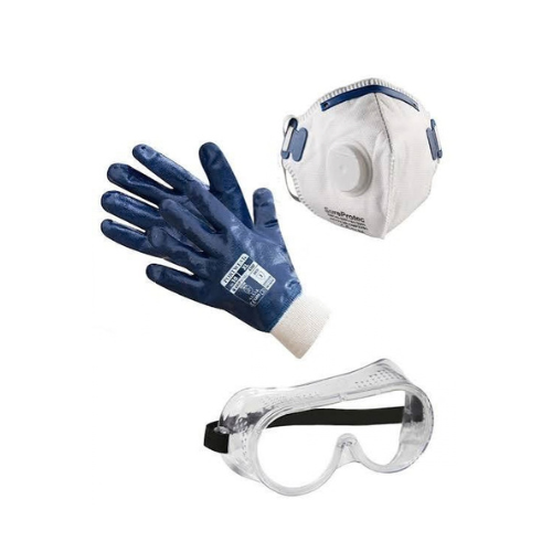 an image of a set of safety kit. gloves, nose mask and googles sold by bio-dubai